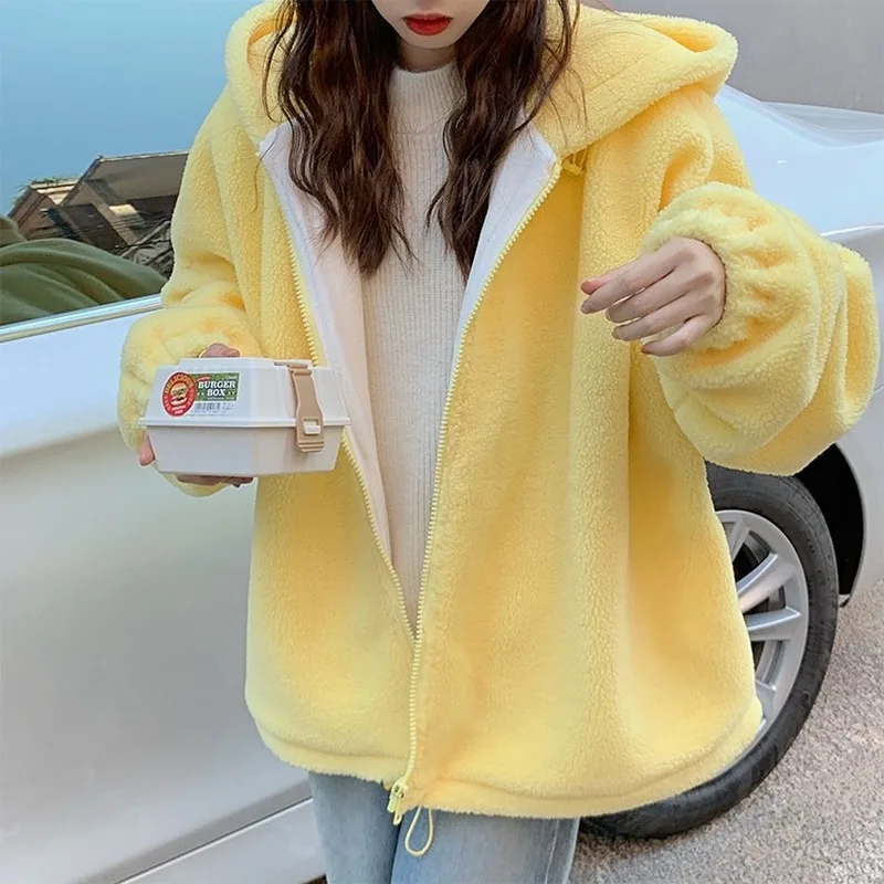 Sweet Hooded Ladies Plus Velvet Thick Coat All-match Jacket Pure Yellow and Cute Autumn and Winter Lamb Wool Loose Coat 2021
Sweet Hooded Ladies Plus Velvet Thick Coat All-match Jacket Pure Yellow and Cute Autumn and Winter Lamb Wool Loose Coat 2021