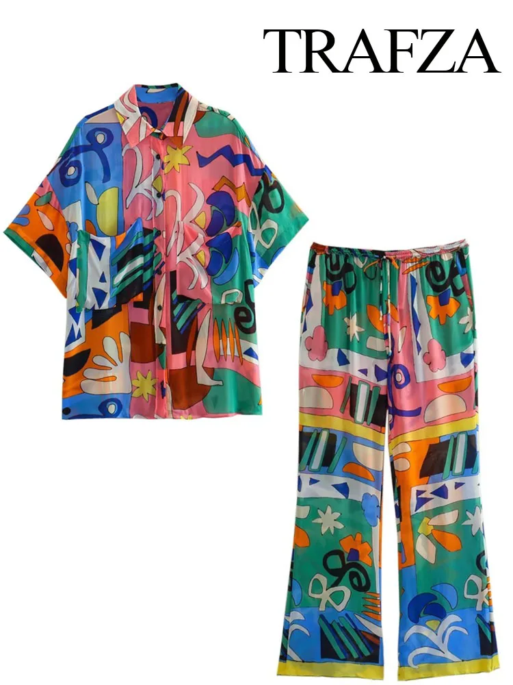 TRAFZA Summer Short Sleeve Blouse Two Piece Suit Woman Slim Trendy Print Single Breasted Tops+Female Drawstring Wide Leg Pants
TRAFZA Summer Short Sleeve Blouse Two Piece Suit Woman Slim Trendy Print Single Breasted Tops+Female Drawstring Wide Leg Pants