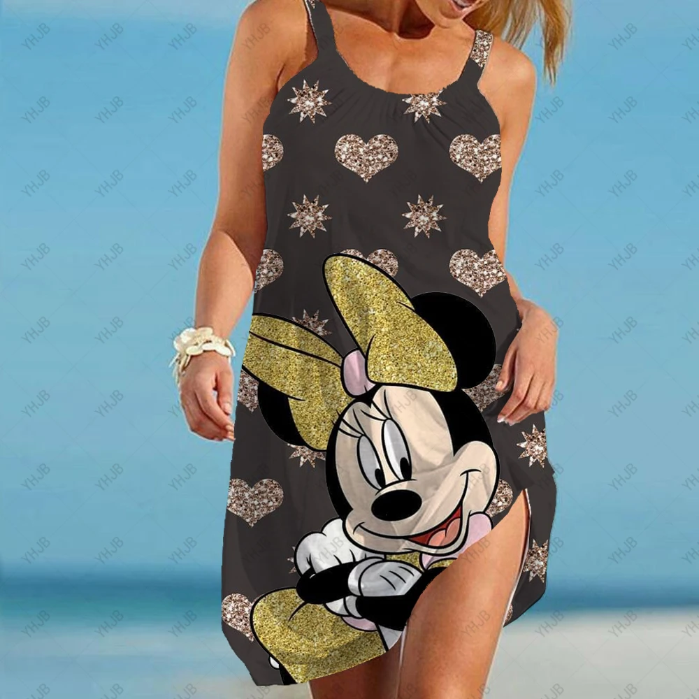 

Disney Minnie Mickey Mouse Print Dress Fashion Summer Strap Beach Dress Bohemian Sleeveless Party Dresses Elegant Sundress Hem