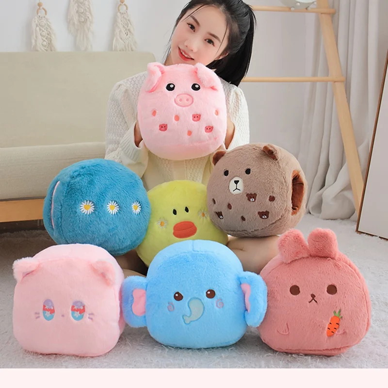 

25cm Cute Animals Hands Pillow Colorful Fuzzy Long Plush Pig Bear Elephant Bunny Chick Winter Warm Small Pillow For Office Nap