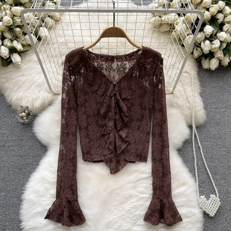 French Chic Blouse Lace Ruffles Shirts Women Shirt VNeck Tops Female Casual Slim Ladies Blouses Flare Sleeve Blusas Dropshipping
French Chic Blouse Lace Ruffles Shirts Women Shirt VNeck Tops Female Casual Slim Ladies Blouses Flare Sleeve Blusas Dropshipping