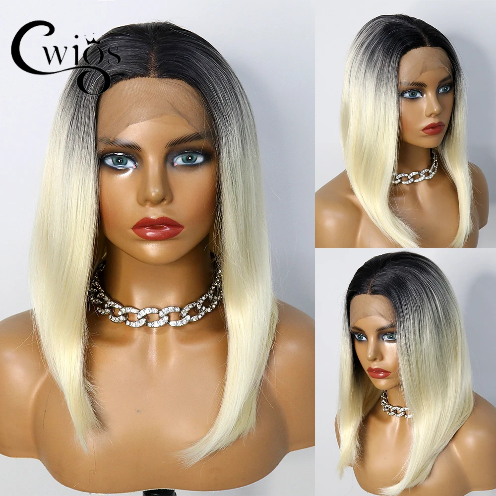 

Black hair root golden synthetic 13x4 lace front wig straight tube short bob heat-resistant natural hair line party queen role p