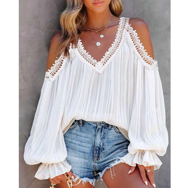 Summer Women Fashion Casual Sexy Long Sleeve Blouse White T-shirts Contrast Lace Cold Shoulder Lantern Sleeve Top
Summer Women Fashion Casual Sexy Long Sleeve Blouse White T-shirts Contrast Lace Cold Shoulder Lantern Sleeve Top