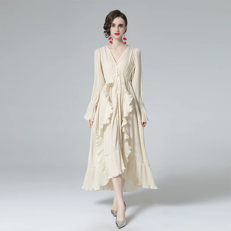 European and American spring 2022 new V-neck auricular edge irregular solid color temperament women long sleeve dress
European and American spring 2022 new V-neck auricular edge irregular solid color temperament women long sleeve dress