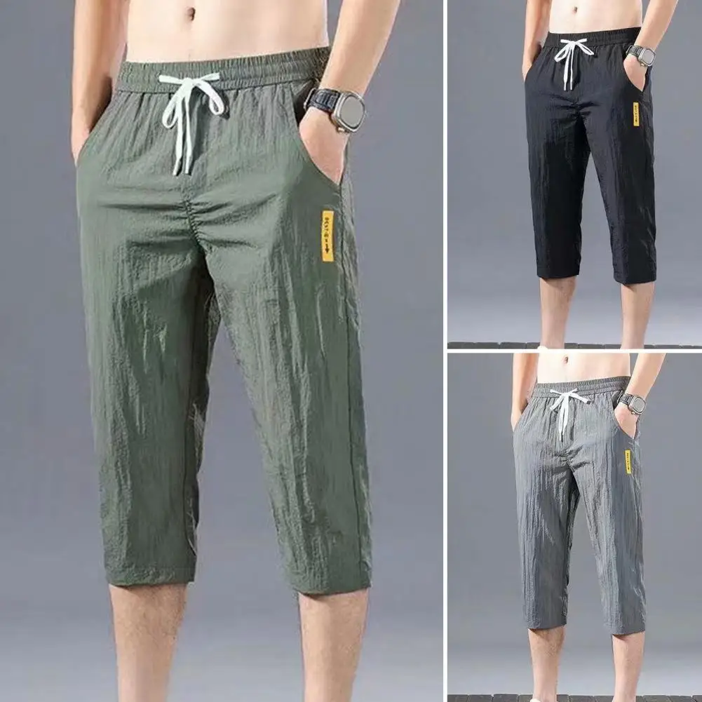 

Great Close-fitting Elastic Waist Deep Crotch Men Cropped Pants Drawstring Wear-resistant Summer Jogger Pants Clothes