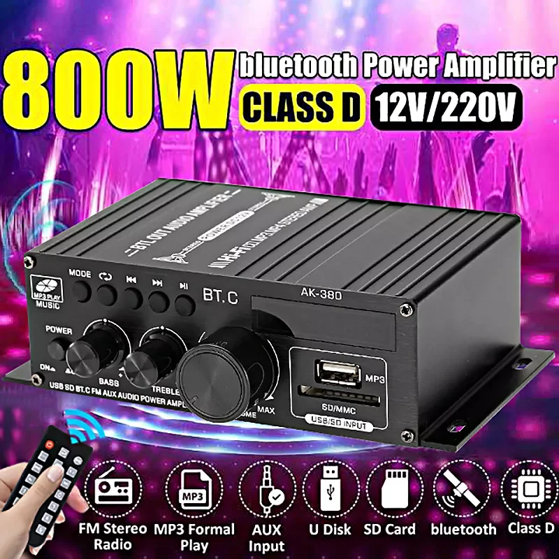 Усилитель AK380/AK370/AK170 800 Вт Bluetooth, усилитель аудио для караоке, домашнего кинотеатра, 2-канальный усилитель мощности класса D, USB, SD, AUX
Усилитель AK380/AK370/AK170 800 Вт Bluetooth, усилитель аудио для караоке, домашнего кинотеатра, 2-канальный усилитель мощности класса D, USB, SD, AUX