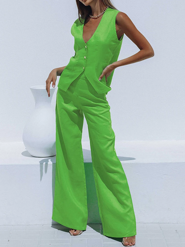 LY VAREY LIN New Summer Women Fashion Sleeveless Two Piece Set V-neck Single Breasted Tops+high Waist Wide Leg Pants Casual Suit
LY VAREY LIN New Summer Women Fashion Sleeveless Two Piece Set V-neck Single Breasted Tops+high Waist Wide Leg Pants Casual Suit