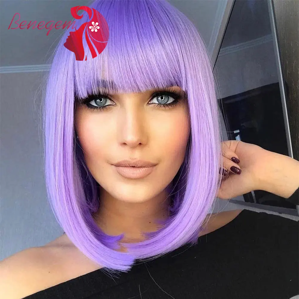 

Benegem Shoulder Length Purple Short Bob With Bangs Synthetic Wig Black And White Women Party Cosplay Use Heat Resistant Fiber