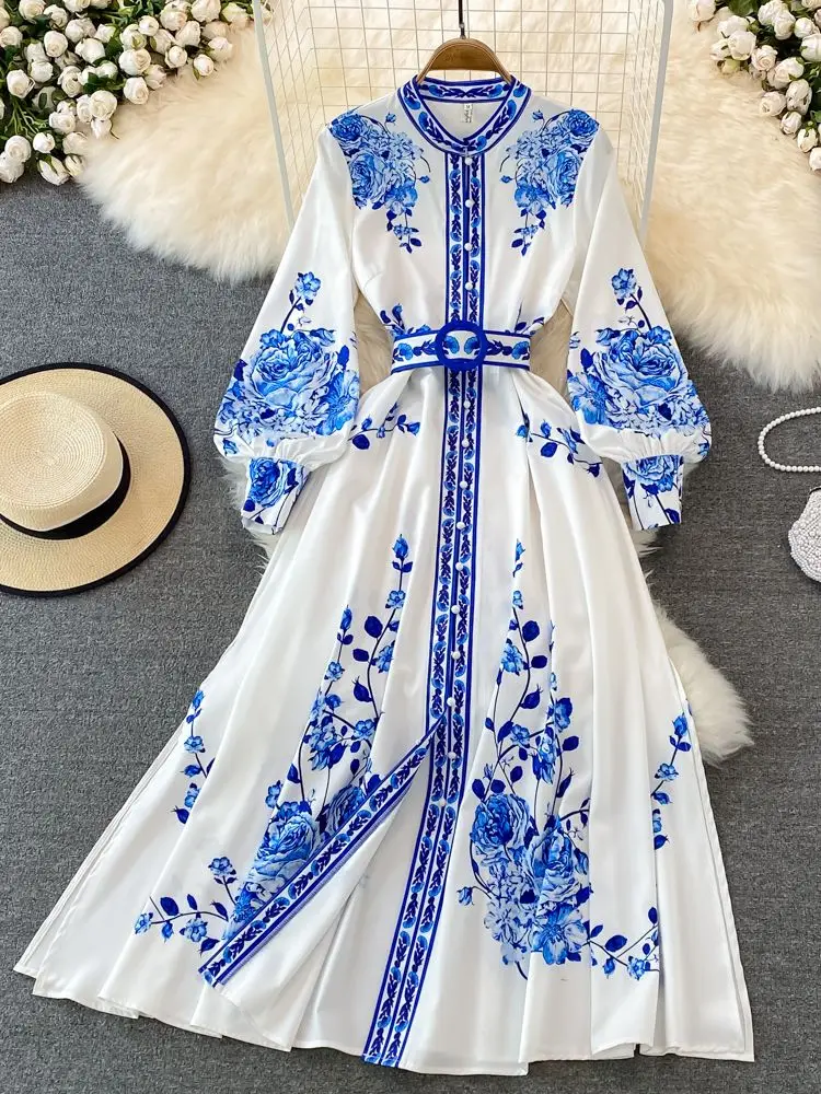 

Женское винтажное платье с фарфоровым принтом, однобортное платье с длинным рукавом-фонариком и поясом, новая модная одежда синего и белого цветов