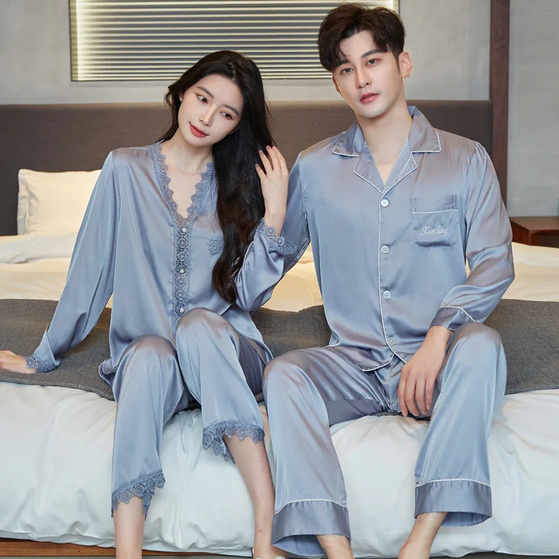 Couple Satin Pajamas With Pants Women Lace V-Neck Sleepwear With Buttons Men Lapel Nightwear Pyjamas Pour Femme Satin Lingerie
Couple Satin Pajamas With Pants Women Lace V-Neck Sleepwear With Buttons Men Lapel Nightwear Pyjamas Pour Femme Satin Lingerie