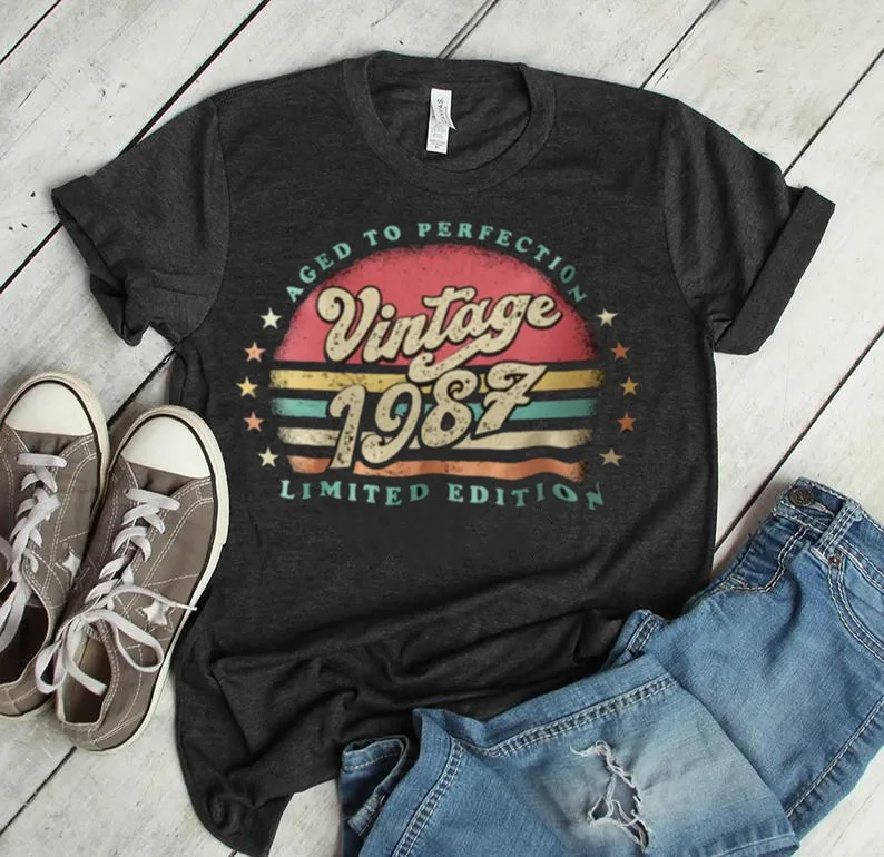 

Retro Sunset 35th Birthday Shirt For Her Women born in 1987 Aged To Perfection Limited Edition T-shirt Gift idea 100%Cotton y2k