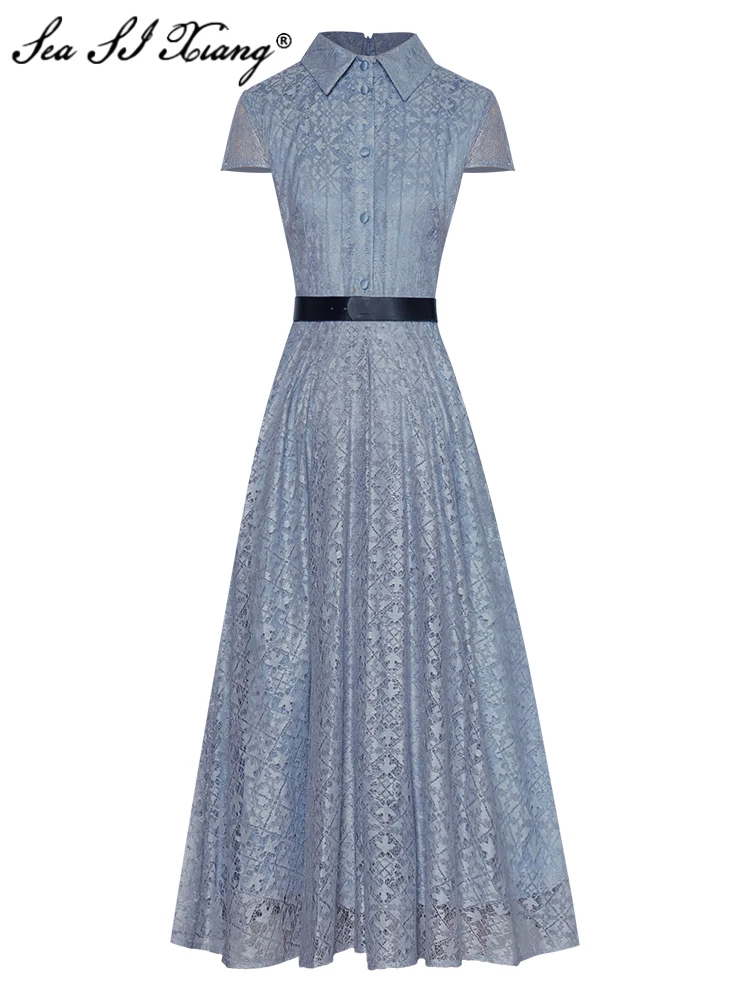 Seasixiang Fashion Designer Summer Lace Dress Women Turn-down Collar Short Sleeve Belt Hollow Out Office Lady Dresses
Seasixiang Fashion Designer Summer Lace Dress Women Turn-down Collar Short Sleeve Belt Hollow Out Office Lady Dresses