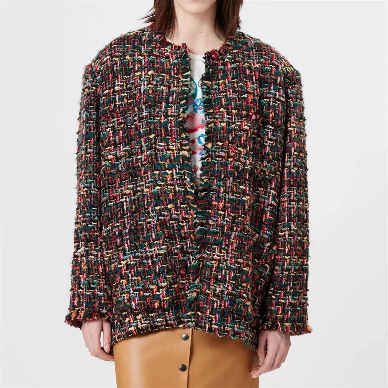 

Женская короткая куртка с круглым вырезом, Корейский пиджак из смешанной шерсти разных цветов с бахромой и длинными рукавами, y2k, осень 2023