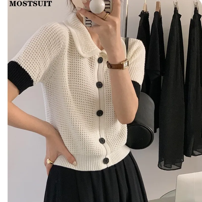 Summer Korean Elegant Knitted Pullovers Sweaters Women Single-breasted Color Block Tops Knitwear Stylish Vintage Fashion Jumpers
Summer Korean Elegant Knitted Pullovers Sweaters Women Single-breasted Color Block Tops Knitwear Stylish Vintage Fashion Jumpers