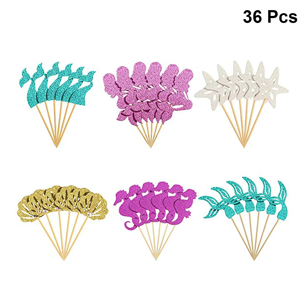 

36pcs Mermaid Glitter Cupcake Toppers Paper Birthday Cake Insert Bow Decorated Marine Life Cake Pick Cake Decor Party Favors