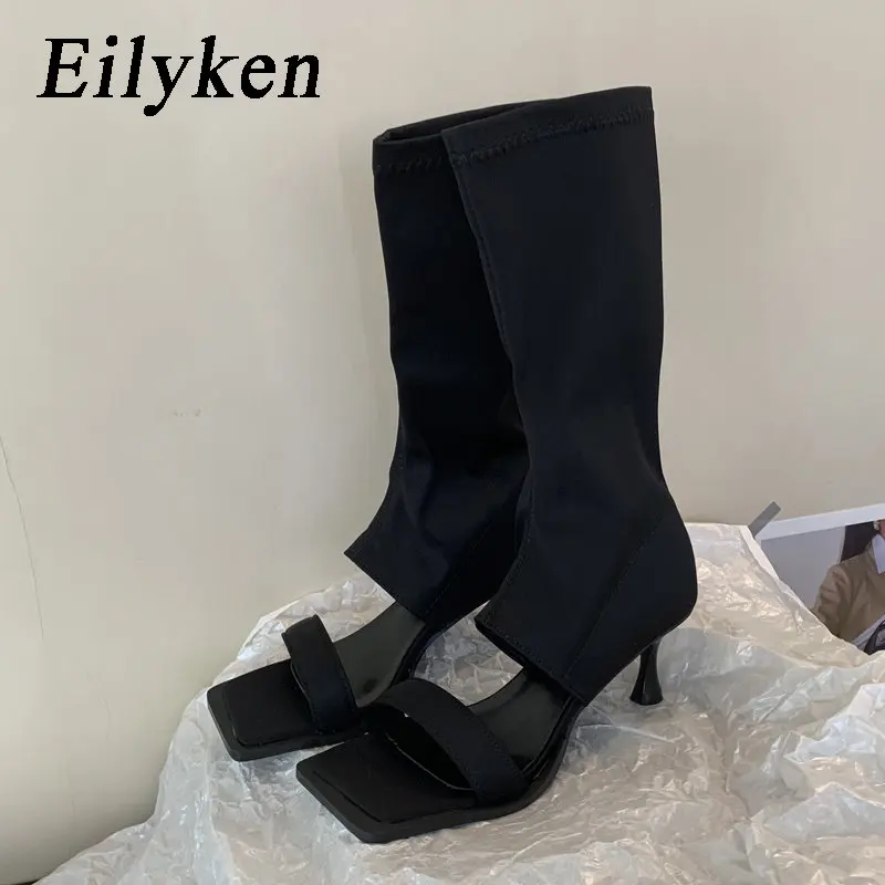 

Eilyken/стильные женские ботильоны с квадратным носком; Элегантные Стрейчевые тканевые ботинки; Модная обувь на тонком высоком каблуке