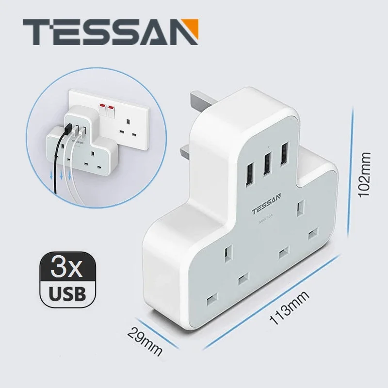 TESSAN USB Socket Power Adapter UK Plug Extension Adaptor Multi Sockets with 2 AC Outlets and 3 USB Ports Wall Charger For Home
TESSAN USB Socket Power Adapter UK Plug Extension Adaptor Multi Sockets with 2 AC Outlets and 3 USB Ports Wall Charger For Home