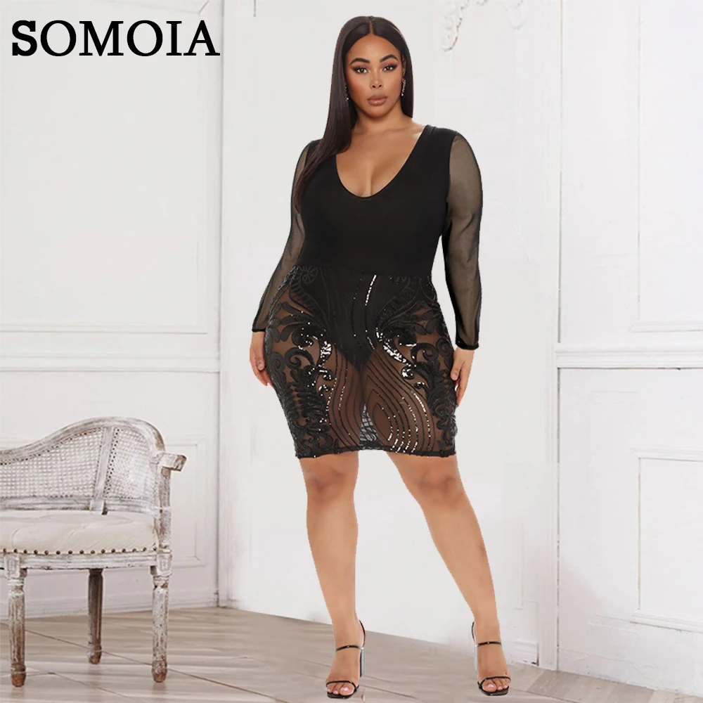 

SOMOIA L-5XL Plus Size Woman Clothing Sexy V-Neck Embroidered Solid Color Sweet Babes Evening Dress Wholesale Dropshipping