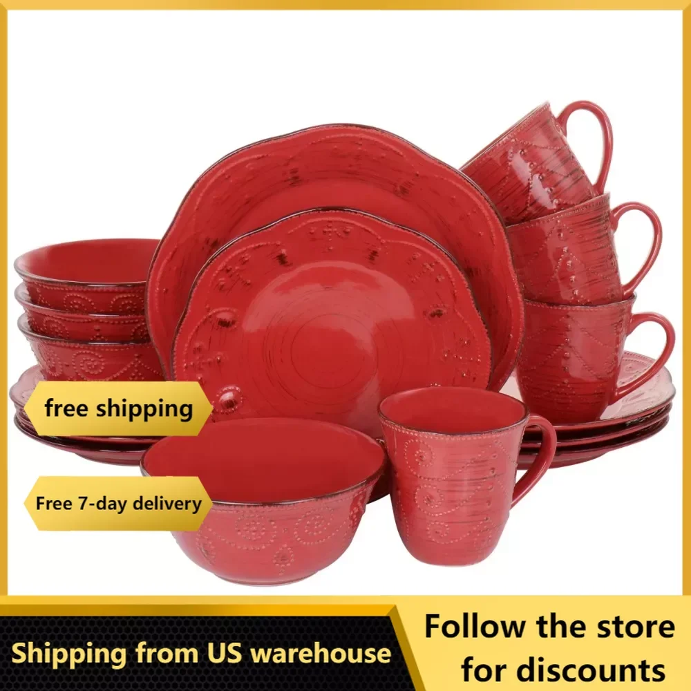

Rustic Birch 16 Piece Stoneware Dinnerware Set in Red Tableware Free Shipping Bowl Utensils for Kitchen Accessories Plates Plate