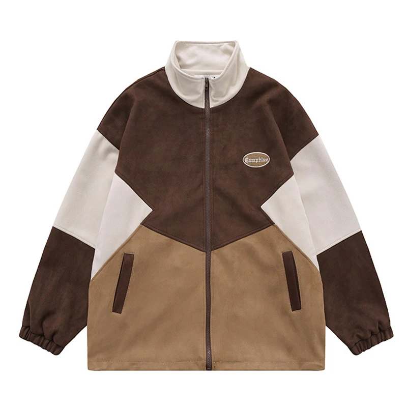 

Куртка мужская замшевая в стиле ретро, Байкерская модная бейсбольная куртка контрастных цветов, с воротником-стойкой, уличная одежда