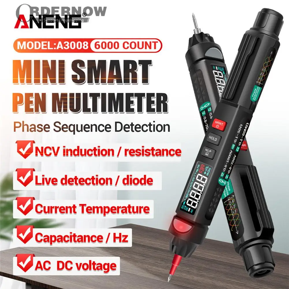 A3008 LCD Ranging Voltage Meter Flash Back Non Contact AC/DC Light Large Screen Digital NCV Multimeter Pen 6000 Count
A3008 LCD Ranging Voltage Meter Flash Back Non Contact AC/DC Light Large Screen Digital NCV Multimeter Pen 6000 Count