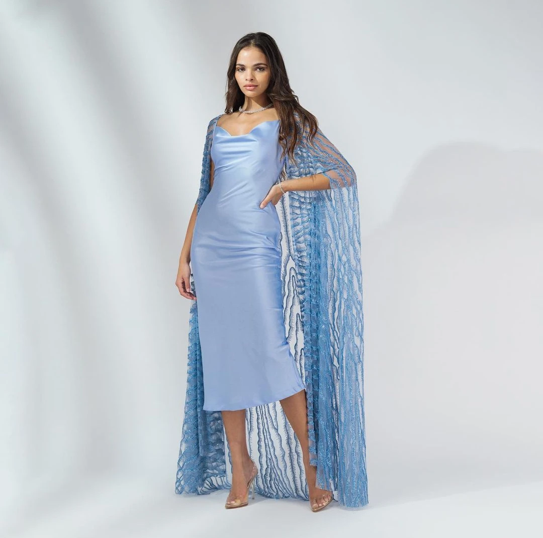 Blue V-neck A-line Knee Length Prom Gown Sleeveless Satin Spathetti Strap 2023 Slim Lace Cloak Evening Party Dress
Blue V-neck A-line Knee Length Prom Gown Sleeveless Satin Spathetti Strap 2023 Slim Lace Cloak Evening Party Dress