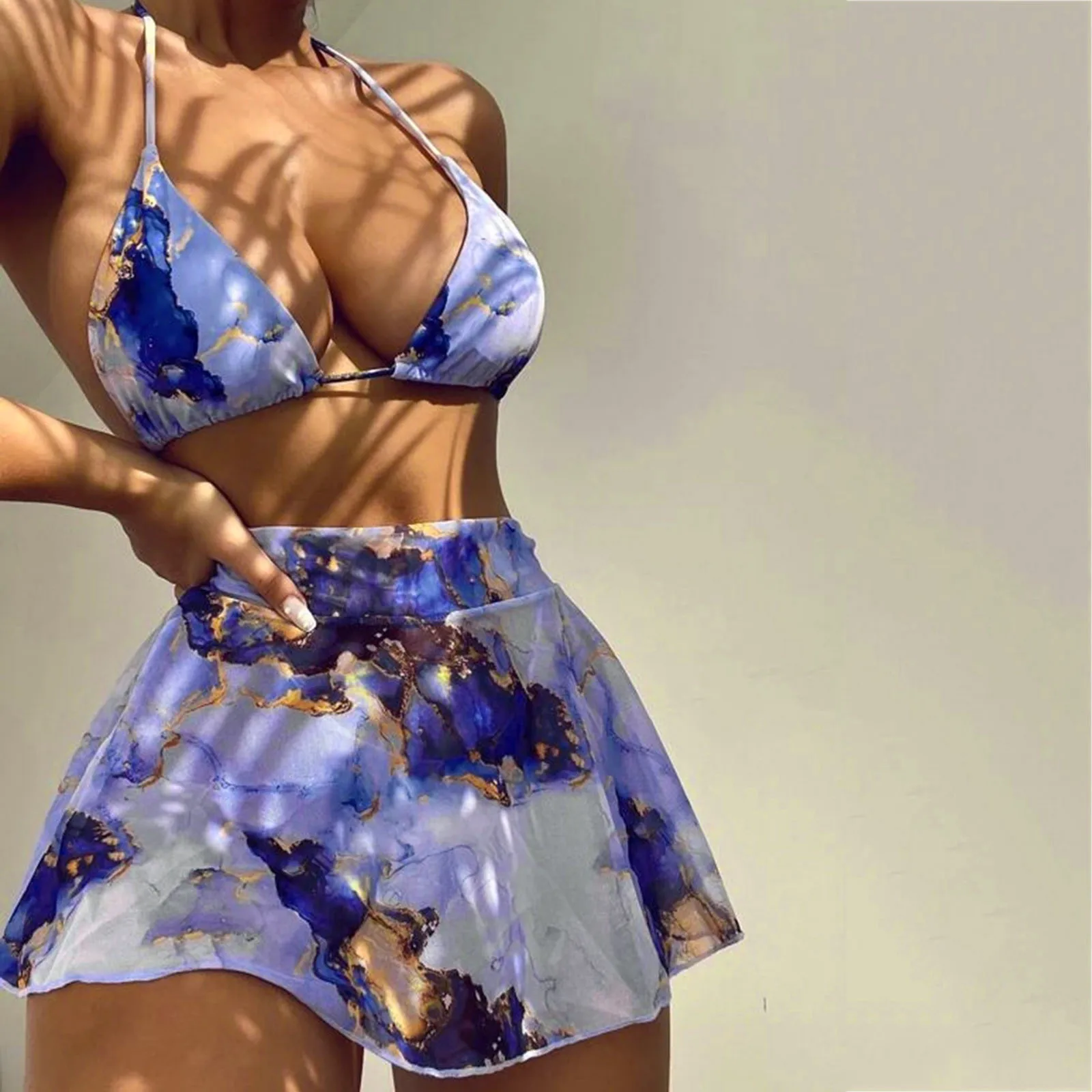 Women Swimsuit Color 3pack Marble-Print Halter Bikini Swimsuit With Cover Up Split Push Beachwear Female Bandage Bathing Suit
Women Swimsuit Color 3pack Marble-Print Halter Bikini Swimsuit With Cover Up Split Push Beachwear Female Bandage Bathing Suit