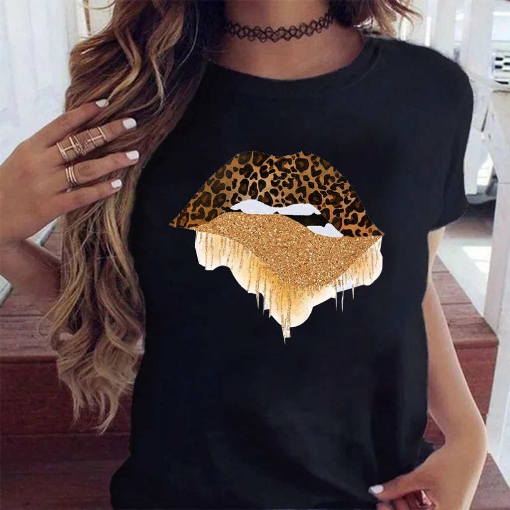 Leopard Print Golden Lips T Shirt Women Fashion T Shirt Black T-shirt Female Short Sleeve Graphic Tee Tops Women Summer T-shirts
Leopard Print Golden Lips T Shirt Women Fashion T Shirt Black T-shirt Female Short Sleeve Graphic Tee Tops Women Summer T-shirts