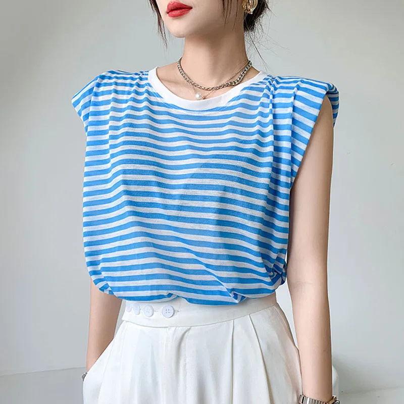 Tops Women Loose Blue Striped Tshirt Female O Neck Sleeveless Vintage T-shirt Clothes Woman Tee Shirt Femme Summer New Top Mujer 
Tops Women Loose Blue Striped Tshirt Female O Neck Sleeveless Vintage T-shirt Clothes Woman Tee Shirt Femme Summer New Top Mujer