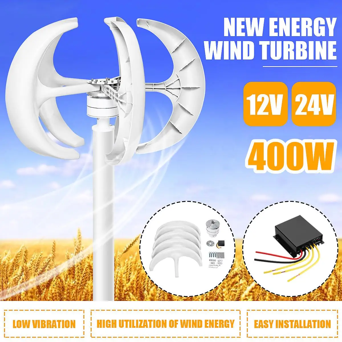 400W 12V / 24V Lantern Vertical Axis Wind Turbine Generator 5-Blade With Controller Home Windmill Yacht Farm Wind Power Turbine
400W 12V / 24V Lantern Vertical Axis Wind Turbine Generator 5-Blade With Controller Home Windmill Yacht Farm Wind Power Turbine