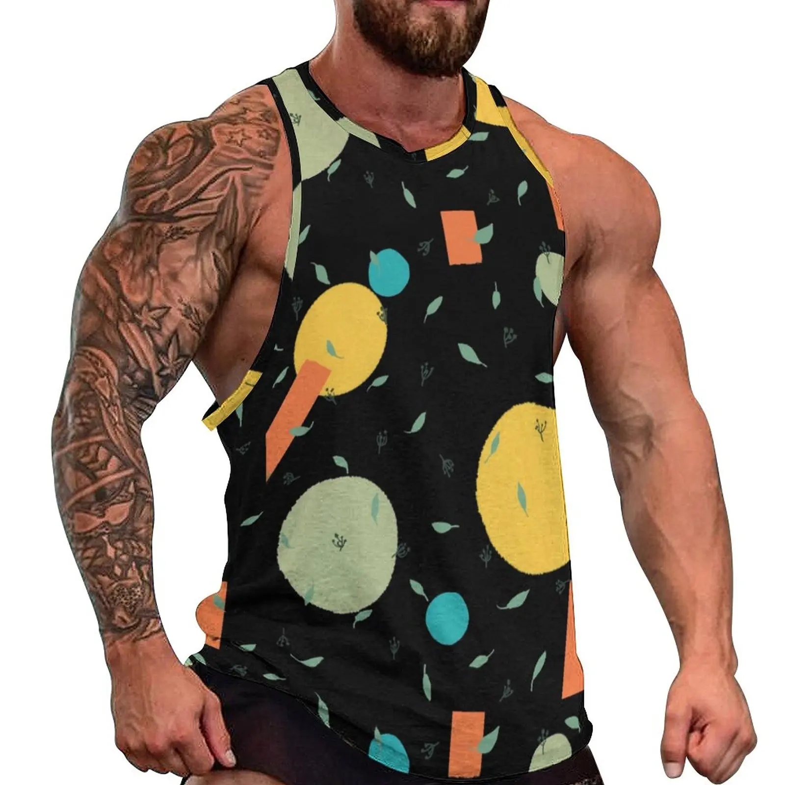 

Retro Nordic Pattern Tank Top Males Leaves Circles Print Bodybuilding Oversized Tops Summer Streetwear Design Sleeveless Shirts