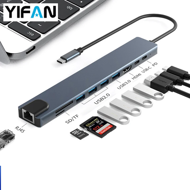 

7 in 1 Type C Multiport Adapter Dock with 4K HDMI, VGA, Gigabit Ethernet, PD Charging, 3 USB 3.0 Ports, SD TF Card Reader
