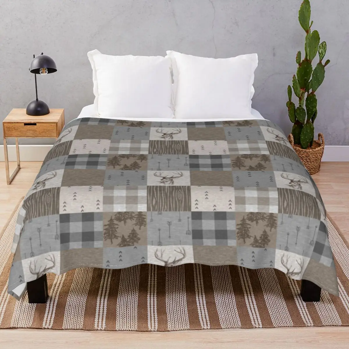 

Deer Patchwork Rustic Neutrals Blanket Fleece All Season Super Soft Throw Blankets for Bed Sofa Camp Cinema