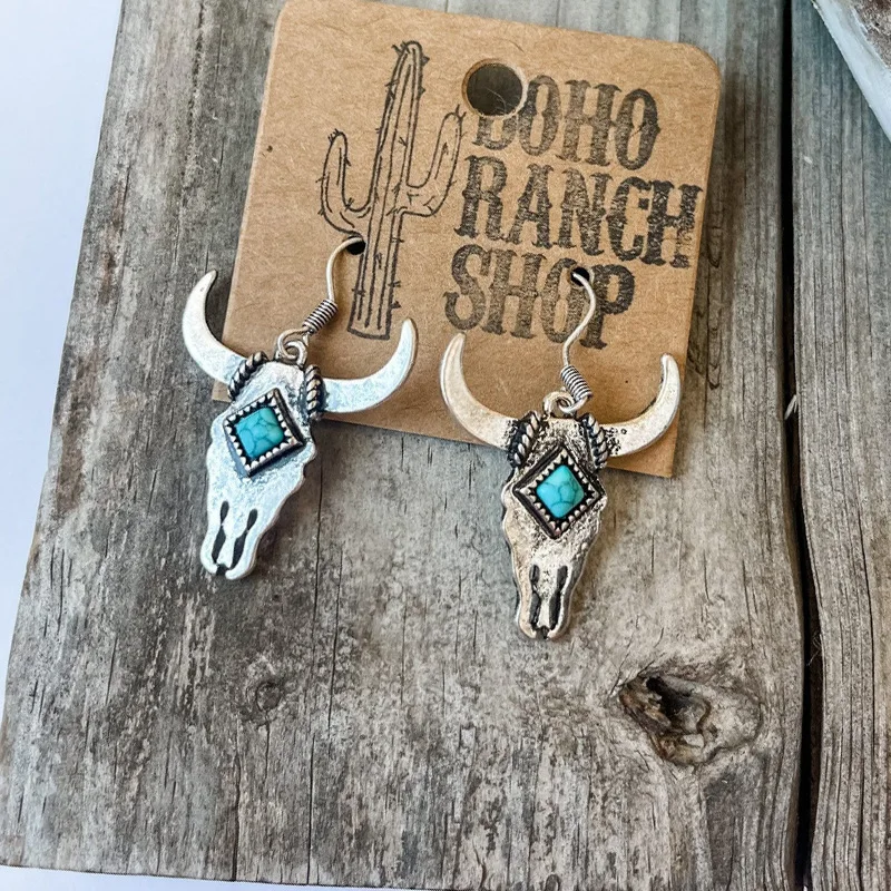 

STEER EARRINGS |Turquoise Stud Accent with Stone Cow Skull Studs Earring for Cowboys Cowgirls Bull Head Longhorn Ear Accessories
