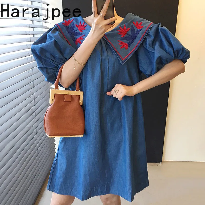 Harajpee Denim Dress Embroidery Turn-down Collar Lantern Half Sleeve Korean Chic Fashion Loose 2022 Spring Summer New Dresses
Harajpee Denim Dress Embroidery Turn-down Collar Lantern Half Sleeve Korean Chic Fashion Loose 2022 Spring Summer New Dresses