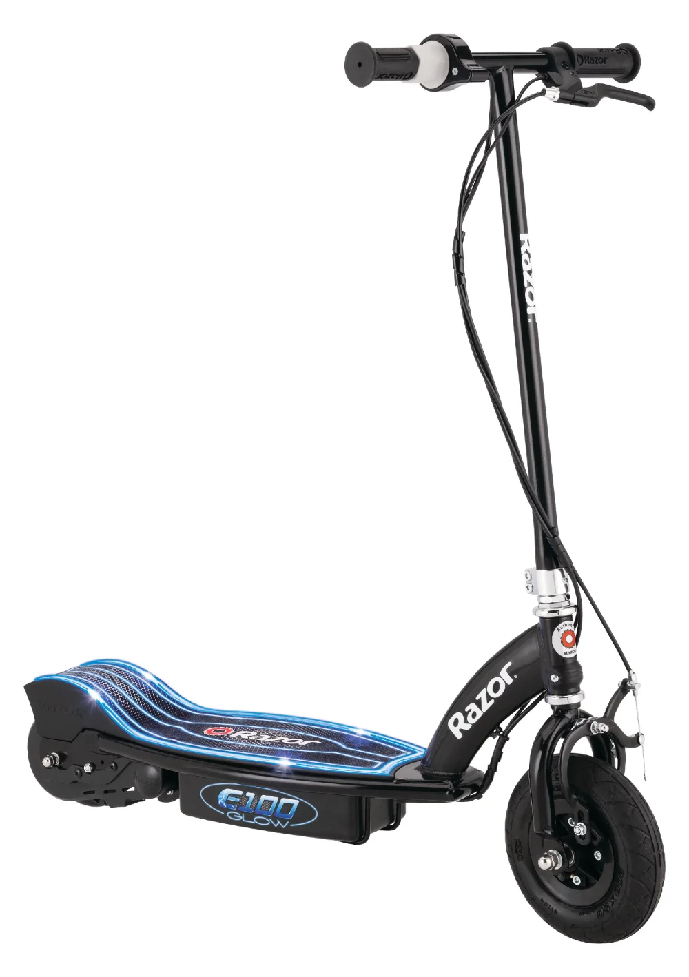 

E100 Glow Electric Scooter for Kids Ages 8+ and up to 120 lbs, 8" Pneumatic Front Tire, LED Light-Up Deck, 100W Chain Motor