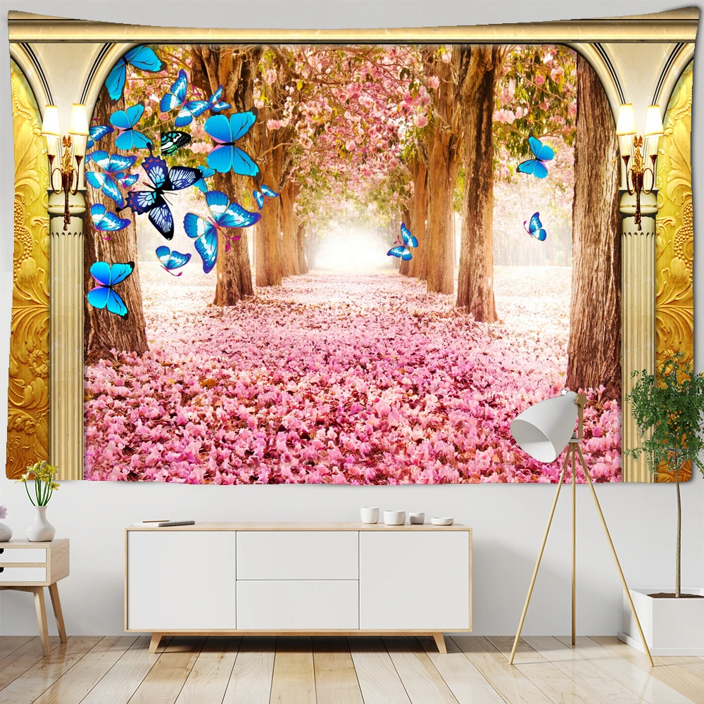 

3D Wall Hanging Flowers Forest Trees Path Tapestry Wall Hanging Trippy Wall Art Room Tapestry Curtain Background Cloth Decorate