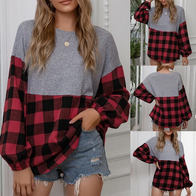 Spring And Autumn Plaid Stitching Casual Round Neck Long-Sleeved T-Shirt O-Neck Loose Fashion Top
Spring And Autumn Plaid Stitching Casual Round Neck Long-Sleeved T-Shirt O-Neck Loose Fashion Top