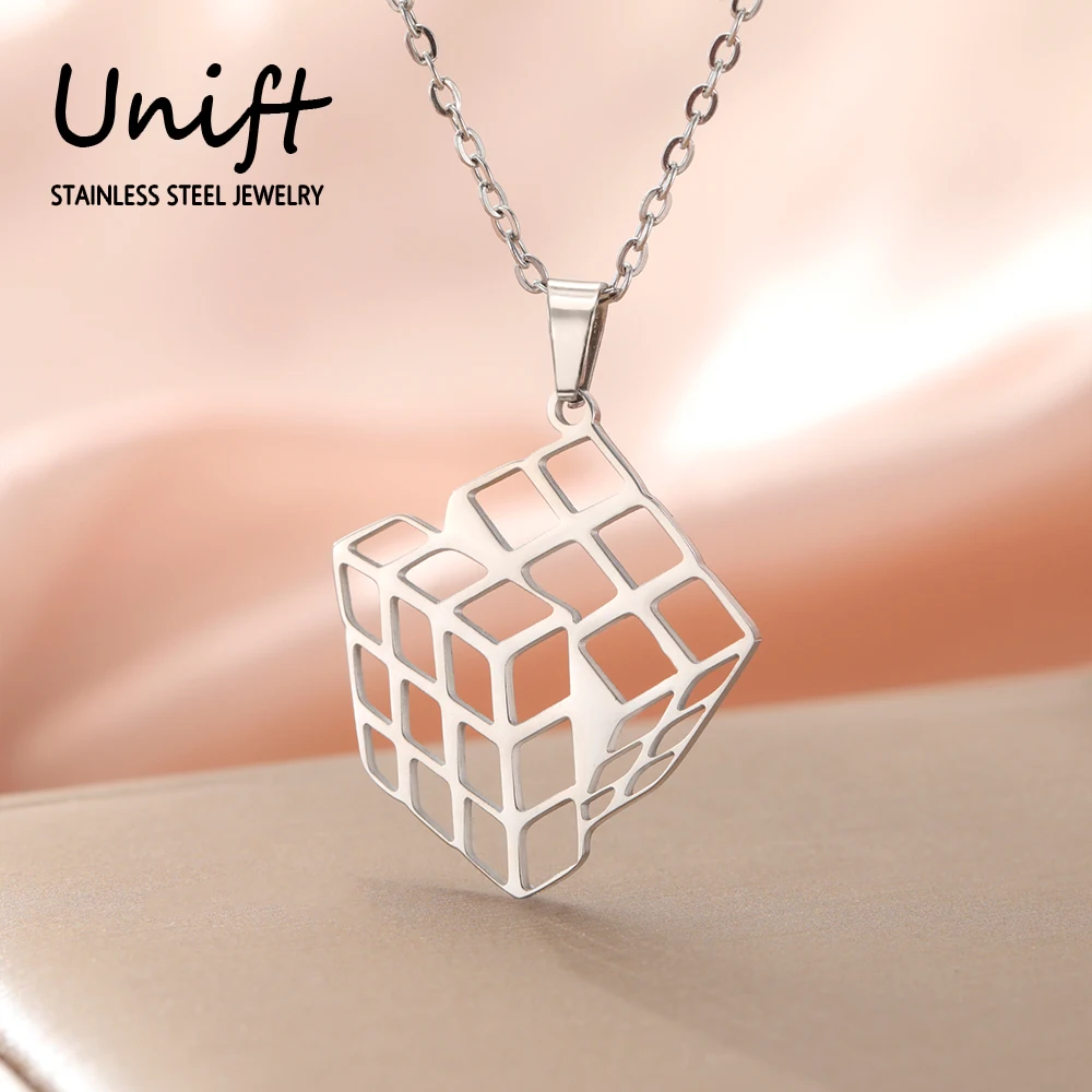 Unift Кубические ожерелья Rubiks для женщин и девушек Шейная цепочка из нержавеющей