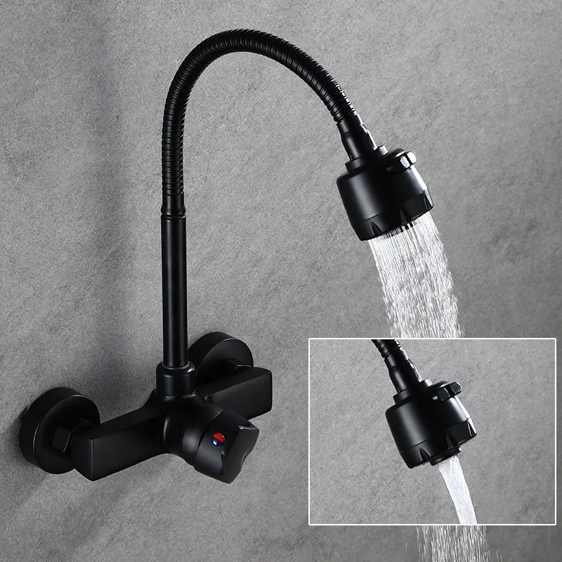 

Wall Mount Kitchen Sink Faucet with Sprayer Nozzle 360 Degree Swivel Flexible Hose Double Holes Cold Hot Mixer Torneira Cozinha