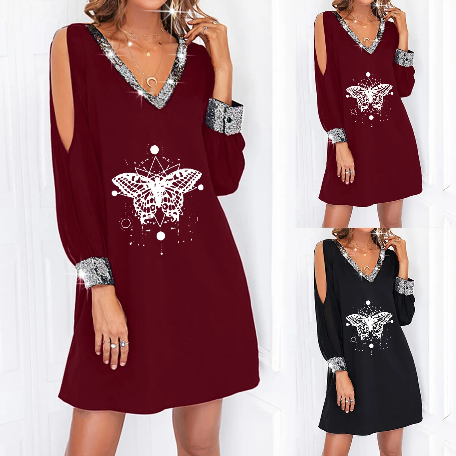 Women V Neck Dress Paillette Long Sleeve Pattern Print Off Shoulder Dress Loose Dress Cotton Maxi Dress for Women
Women V Neck Dress Paillette Long Sleeve Pattern Print Off Shoulder Dress Loose Dress Cotton Maxi Dress for Women
