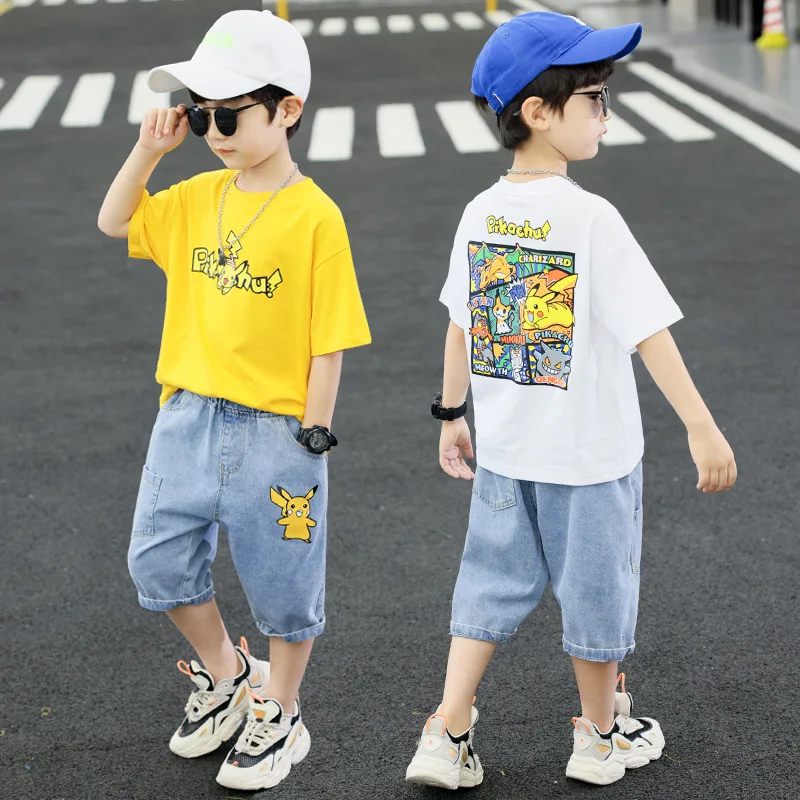 

Комплект летней одежды для мальчиков, кофта с надписью и свободные шорты, повседневная спортивная уличная одежда в Корейском стиле для дете...