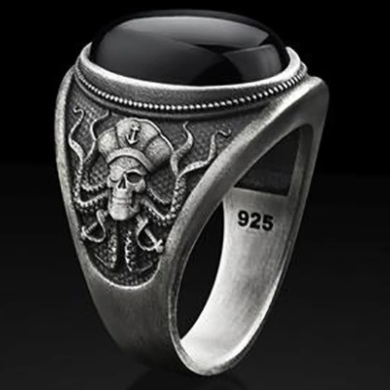 

Men's ring inlaid with gemstones and carved patterns Personalized fashion ring Vintage hand jewelry