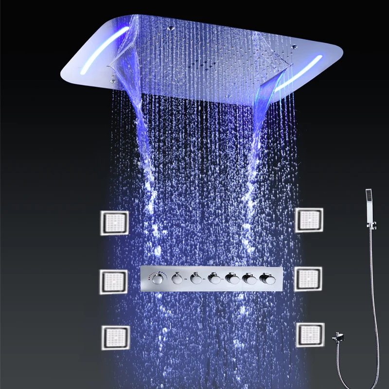 

2022 Large Ceiling LED Shower Kit Rainfall Waterfall Mist Showerhead Panel Thermostatic Mixer Valve Bath 6Functions Faucets Set