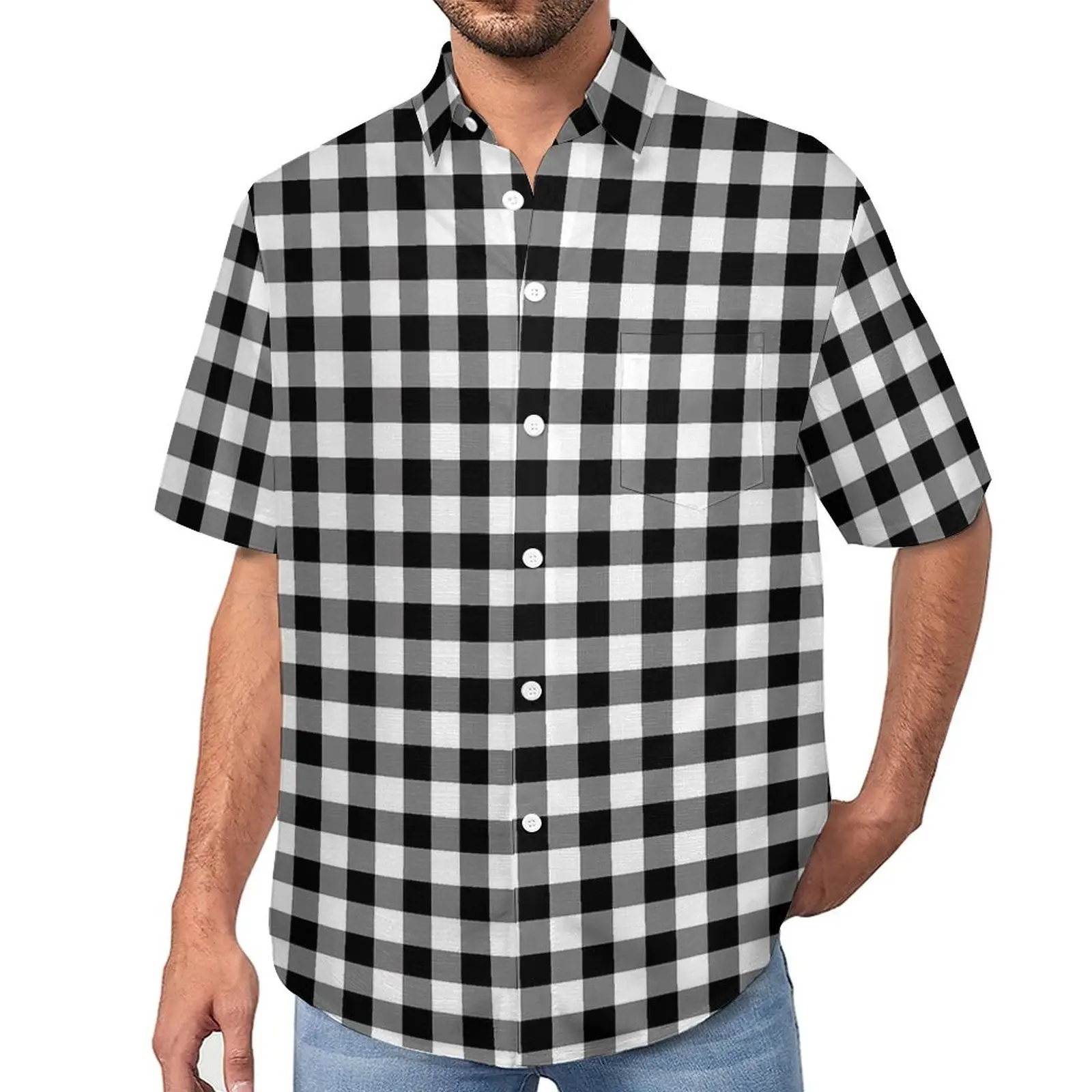 

Classic Gingham Checks Casual Shirts Black And White Vacation Shirt Summer Y2K Blouses Mens Custom Plus Size