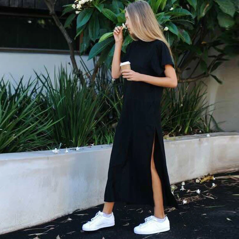 Summer Women T Shirt Women Casual Black Solid T-shirt Casual Side Slit Short Sleeve Thin Long Tops Tees Female
Summer Women T Shirt Women Casual Black Solid T-shirt Casual Side Slit Short Sleeve Thin Long Tops Tees Female