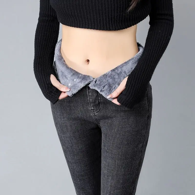 

Y2K зимние плотные бархатные женские узкие джинсы с высокой талией, простые флисовые теплые облегающие эластичные женские повседневные джинсовые брюки-карандаш