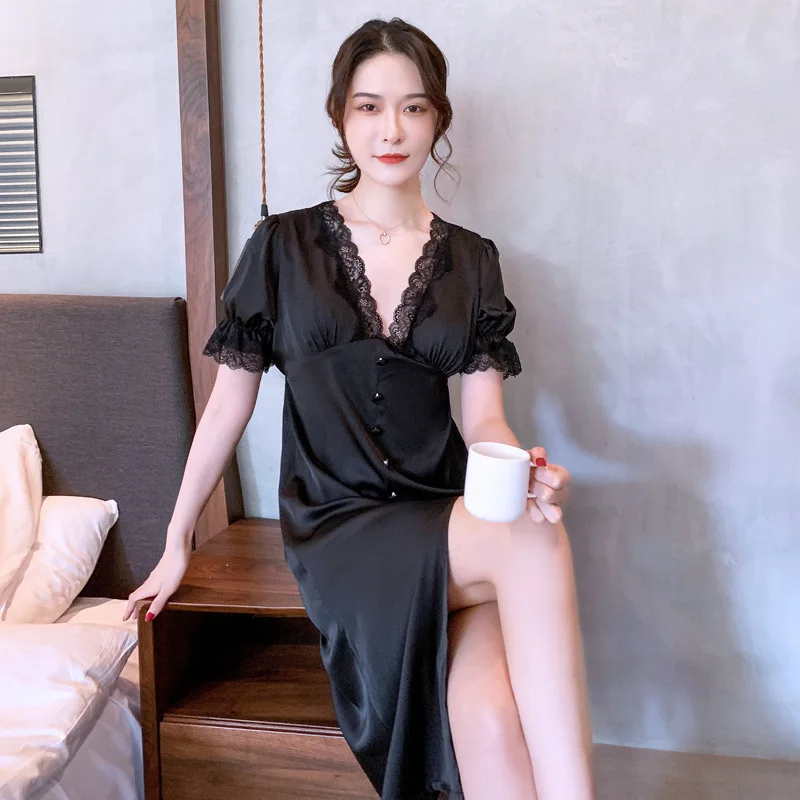 Summer New Sexy Nightdress Women's Short Sleeve Ice Silk Thin Lace Lace Nightgown Medium Long Skirt Home Dress Lady Sleepwear
Summer New Sexy Nightdress Women's Short Sleeve Ice Silk Thin Lace Lace Nightgown Medium Long Skirt Home Dress Lady Sleepwear