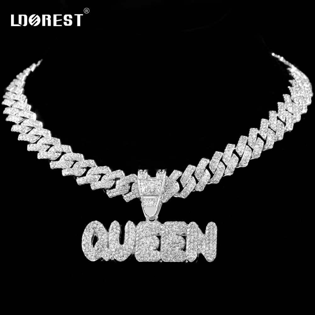Men Women Hip Hop Bling QUEEN Letter Pendant Necklace 14MM Prong Cuban Link Choker Necklace Punk Link Chain Rapper Rock Jewelry 
Men Women Hip Hop Bling QUEEN Letter Pendant Necklace 14MM Prong Cuban Link Choker Necklace Punk Link Chain Rapper Rock Jewelry