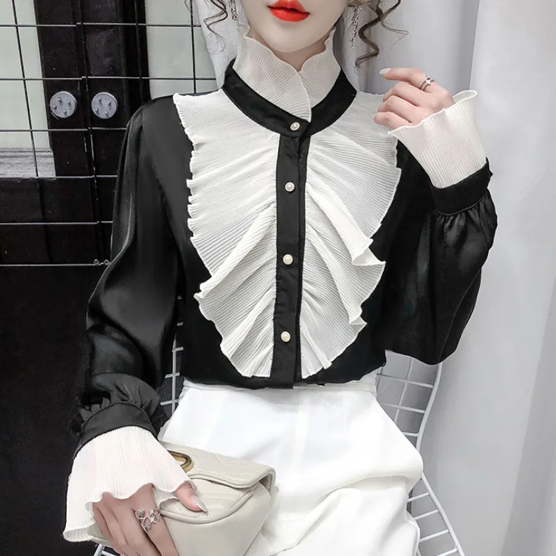 

Splicing Flounce Frill Satin Silk Shirts Women Formal Tuxedo Palace Vinatge Steampunk Gothic Top Elegant Chic Royal Court Blouse